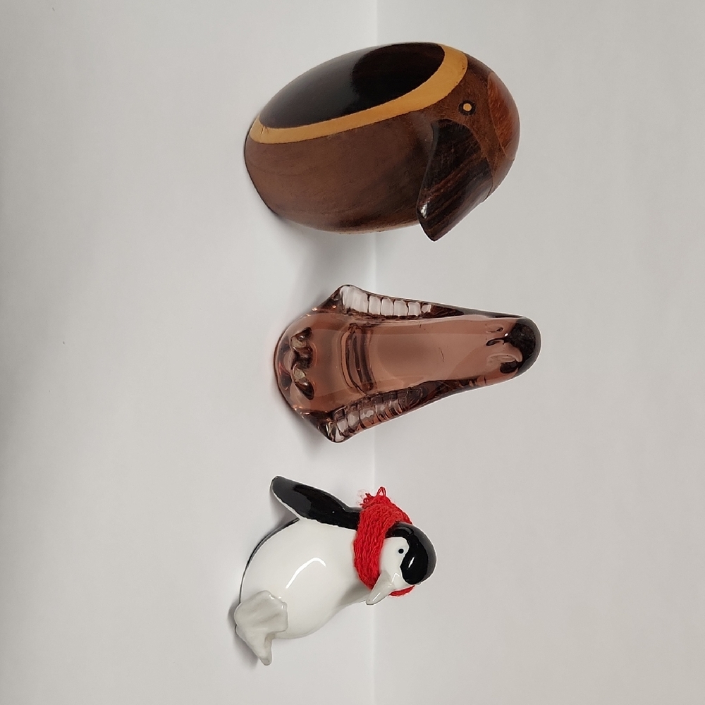 Penguin Figurine Set Of 3 - Wood, Glass, Ceramic